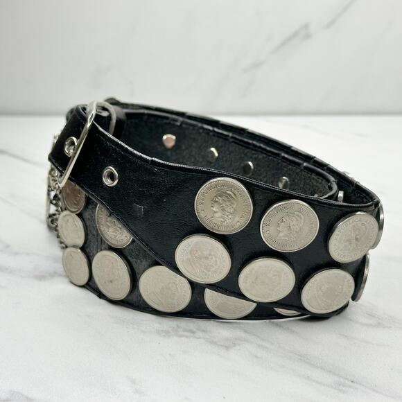 Vintage Argentina Coin Studded Leather Chain Belt Gaucho Western Small (S) ✨ - Picture 5 of 15
